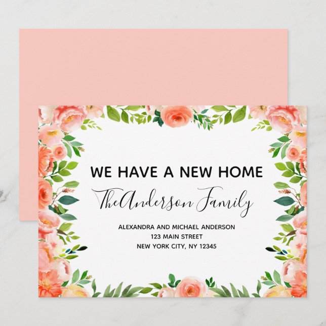 Pêcher Corail Floral Moving Faire-part (Devant / Derrière)