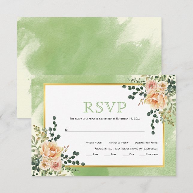 Pêcher fleurs aquarelle sauge mariage floral RSVP (Devant / Derrière)