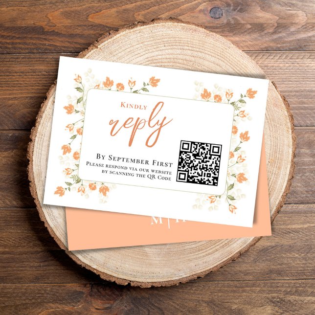 Pêcher Floral Élégant Mariage RSVP (Simple Wedding reply card with a peach floral background and QR code template.)