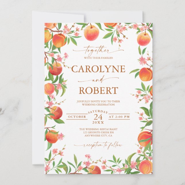 Pêches et fleurs Printemps Mariage Invitation (Devant)