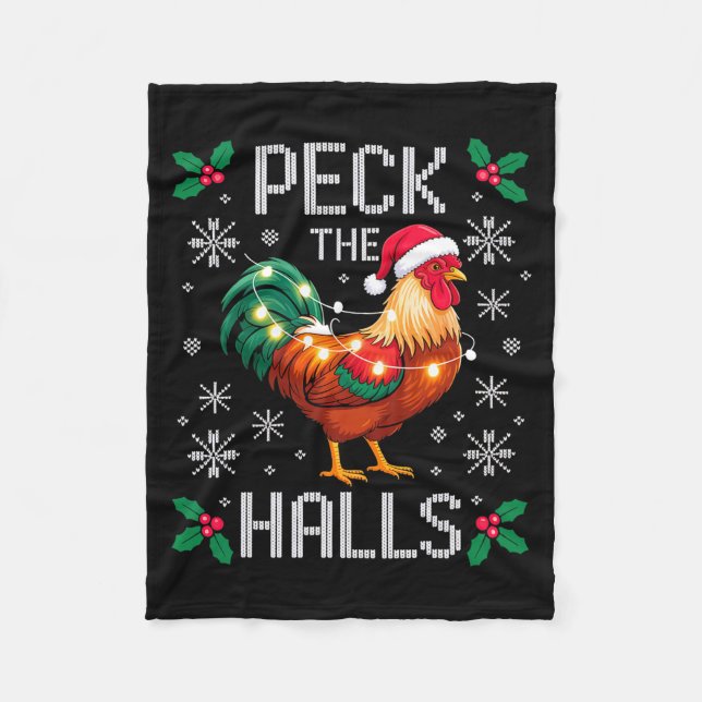 Peck The Halls Chicken Christmas Lights Snowflakes Fleece Blanket (Front)