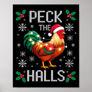 Peck The Halls Chicken Christmas Lights Snowflakes Poster