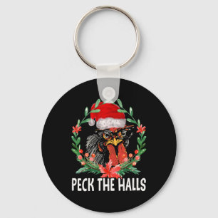Peck The Halls Chicken Snowflakes Christmas Santa  Keychain