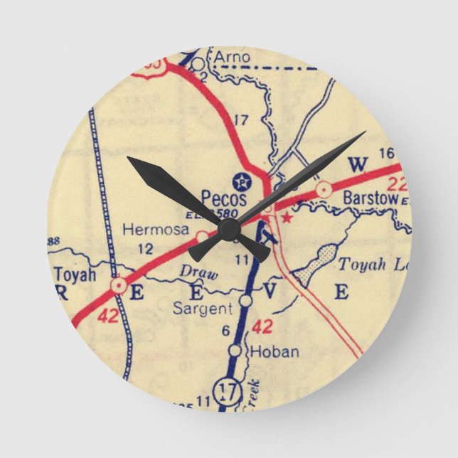 Pecos TX Vintage Map Round Clock (Front)