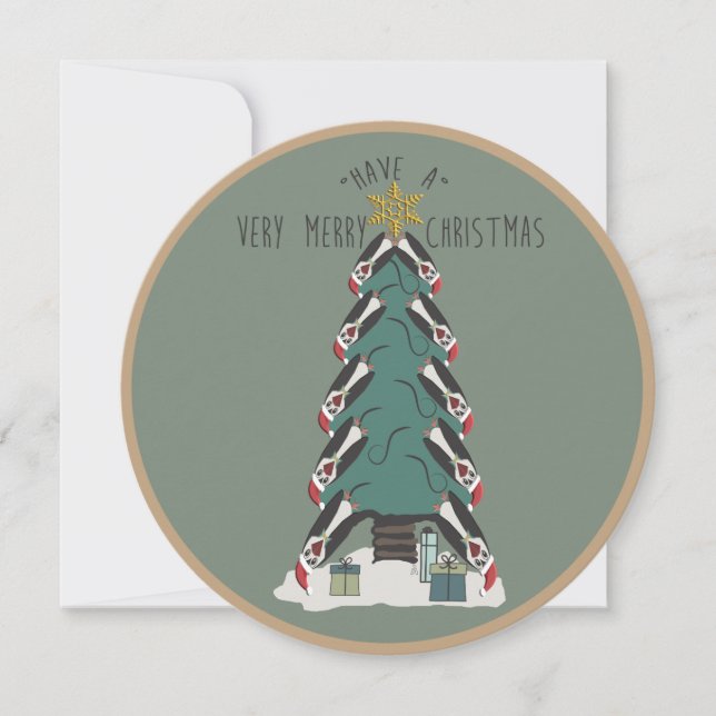 Peculiar Penguins Hang Around The Christmas Tree Holiday Card (Front)