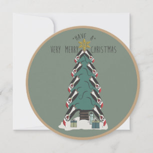 Peculiar Penguins Hang Around The Christmas Tree Holiday Card