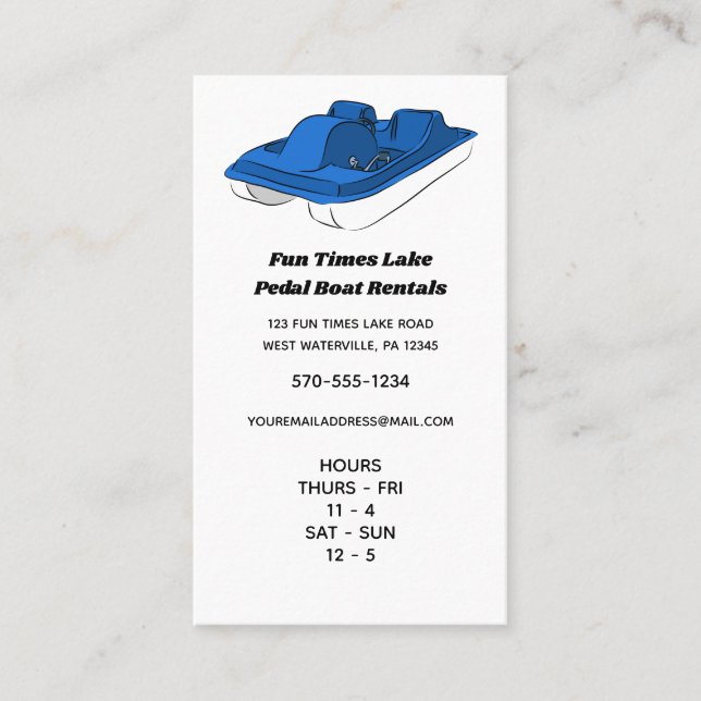 Pedal Boat Rental Business and Hours Vertical Business Card (Front)