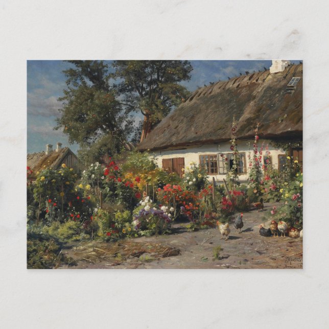 Peder Monsted - A Cottage Garden with Chickens Postcard (Front)
