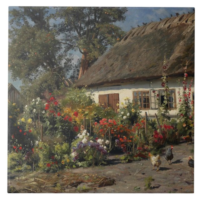 Peder Monsted - A Cottage Garden with Chickens Tile (Front)