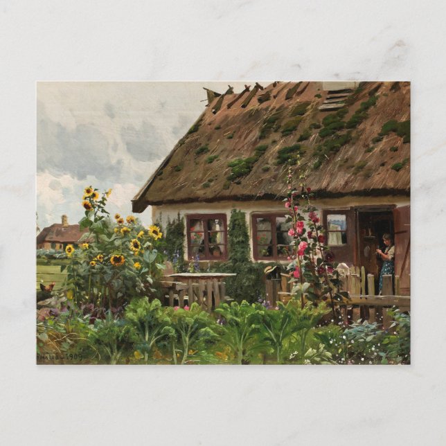 Peder Monsted - Girl's knitting in the doorway Postcard (Front)