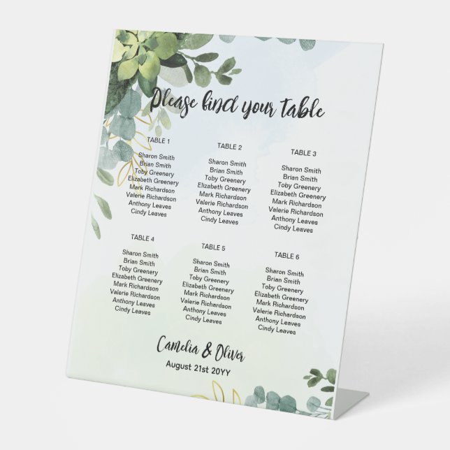 Pedestal 6 Table Wedding Seating Chart Greenery  P Pedestal Sign (Front)