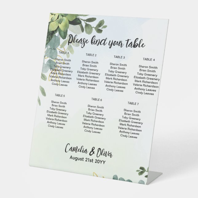 Pedestal 7 Table Wedding Seating Chart Greenery  P Sign (Front)
