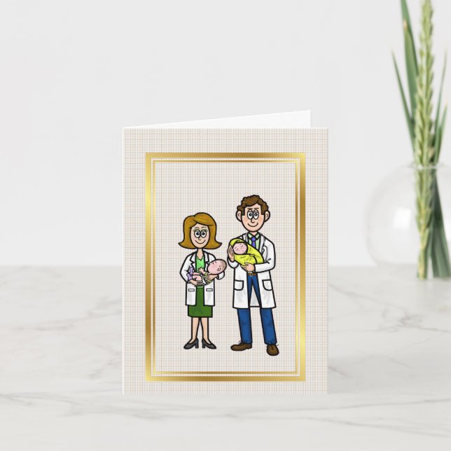 Pediatric Male Female Doctors with Babies Card (Front)