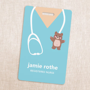 Pediatric Nurse Blue Teddy Bear Scrubs Badge