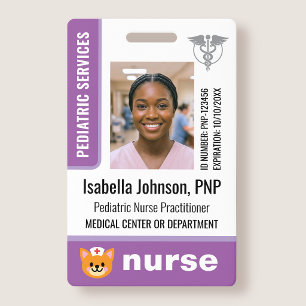 Pediatric Nurse ID Badge Photo Logo Cat Purple