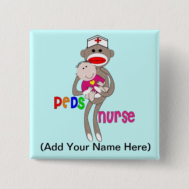 Pediatric Nurse Sock Monkey Design 2 Inch Square Button (Front)