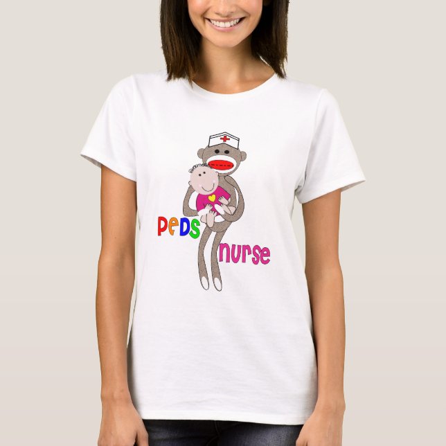 Pediatric Nurse Sock Monkey Design T-Shirt (Front)