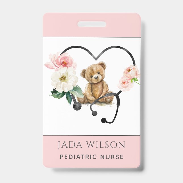Pediatric Nurse Teddy Bear Floral Stethoscope Badge (Front)