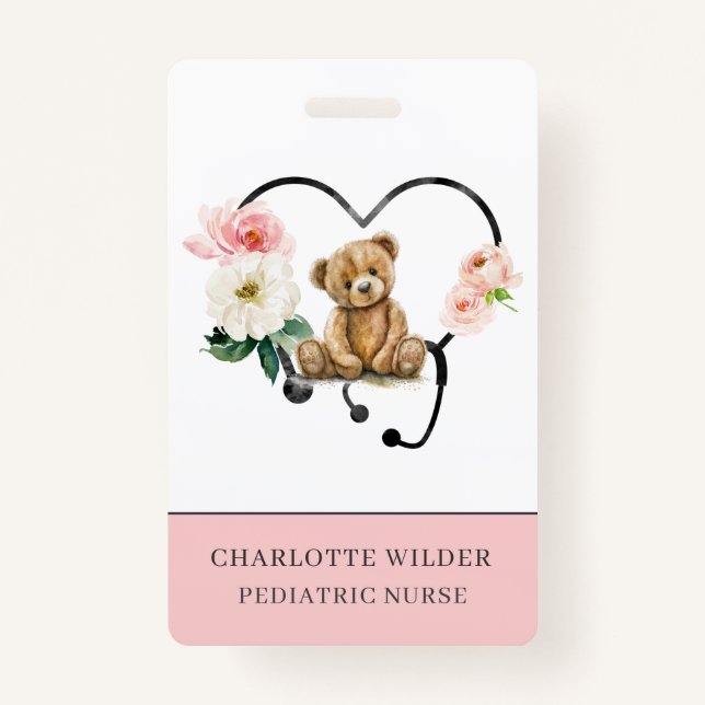 Pediatric Nurse Teddy Bear Floral Stethoscope Badge (Front)