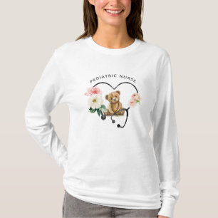 Pediatric Nurse Teddy Bear Floral Stethoscope T-Shirt