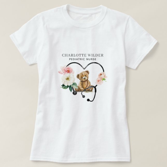 Pediatric Nurse Teddy Bear Floral Stethoscope T-Shirt (Design Front)