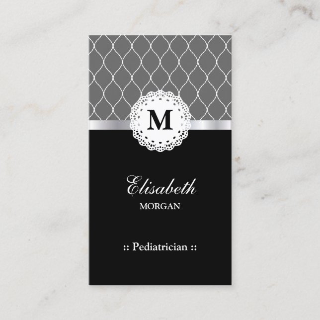 Pediatrician Elegant Black Lace Pattern Business Card (Front)
