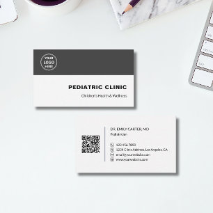 Pediatrician Pediatric Clinic Custom Logo QR Grey Business Card