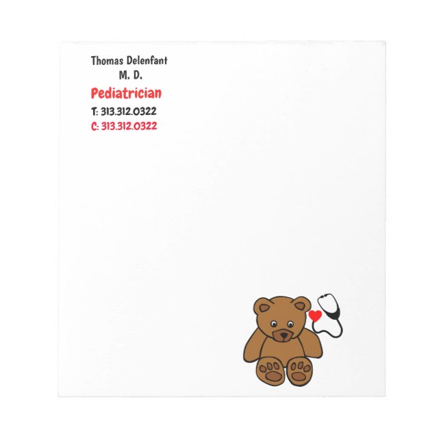 Pediatrician - teddy  and heart stethoscope notepad (Front)