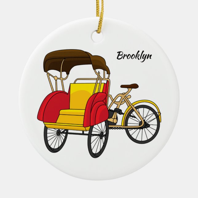 Pedicab rickshaw cartoon illustration ceramic ornament (Front)