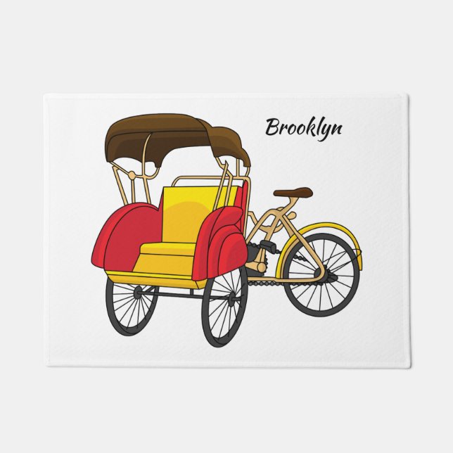 Pedicab rickshaw cartoon illustration doormat (Front)