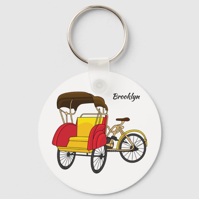 Pedicab rickshaw cartoon illustration keychain (Front)