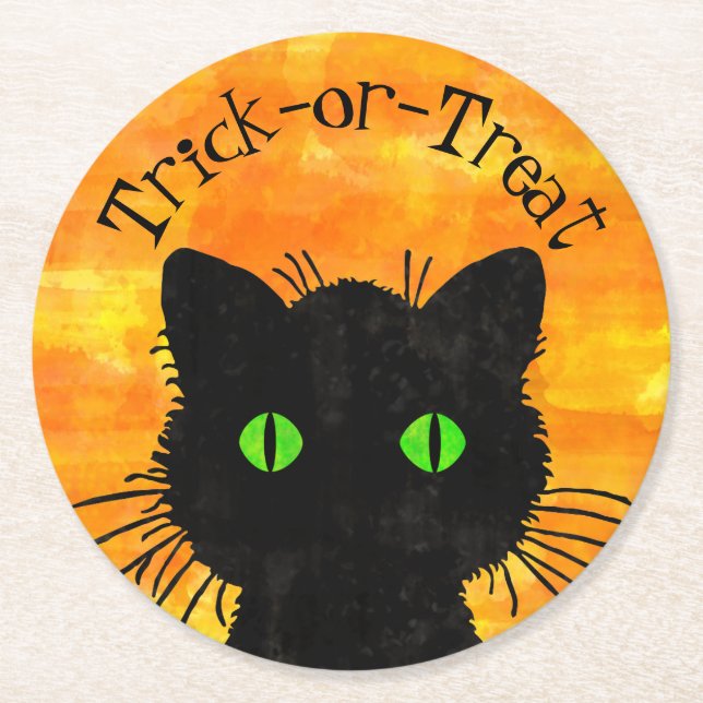 Peek-A-Boo Black Cat Orange Trick-or-Treat Round Paper Coaster (Front)