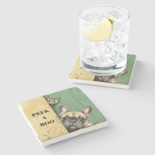 Peek A Boo Cat Dog Stone Coaster