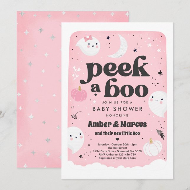 Peek A Boo Cute Pink Ghost Baby Shower Invitation (Front/Back)