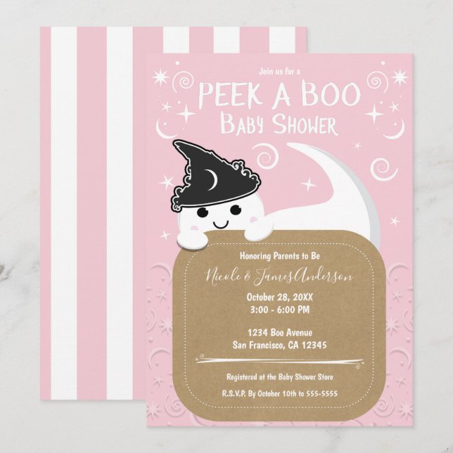 Peek a BOO Ghost Witch Pink Halloween Baby Shower  Invitation (Front/Back)