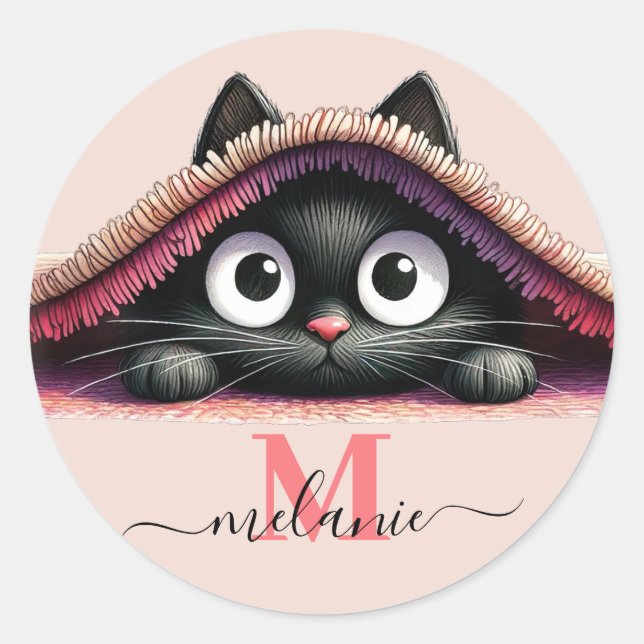 Peek-a-Boo Kitten Script Name Monogram Girls'  Classic Round Sticker (Front)