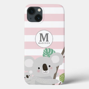 Peek-a-Boo Koala Mama and Baby Stripes Monogram iPhone 13 Case