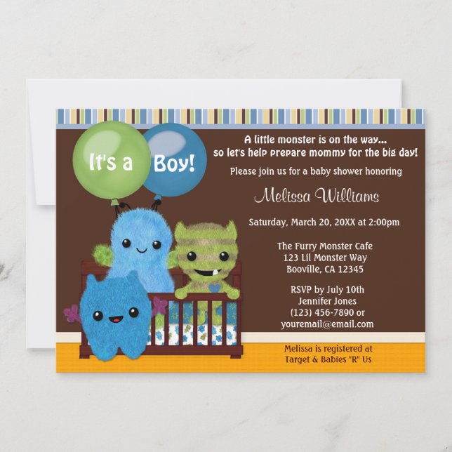 Peek a Boo MONSTERS Baby Shower invitation boy PAB (Front)