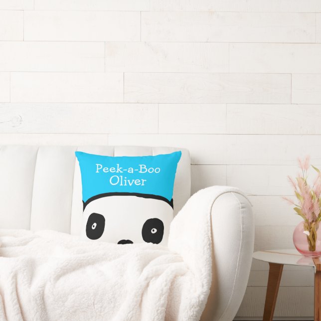 Peek-a-Boo Panda Personalized Name Blue Throw Pillow (Couch)