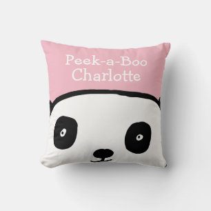 Peek-a-Boo Panda Personalized Name Pink Throw Pillow