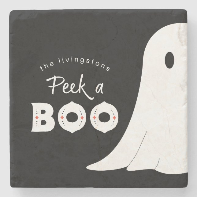 Peek a Boo Personalized Ghost Halloween Stone Coaster (Front)