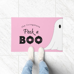 Peek a Boo Personalized Ghost Pink Halloween Doormat