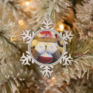 Peek-a-boo Sock Monkey Snowflake Pewter Christmas Ornament