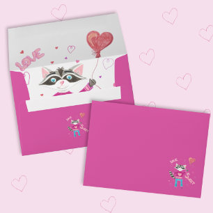 Peek-a-boo Valentine's Day raccoon pink envelope