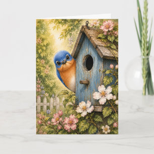 Peekaboo Bluebird Birdhouse Watercolor Blank Card