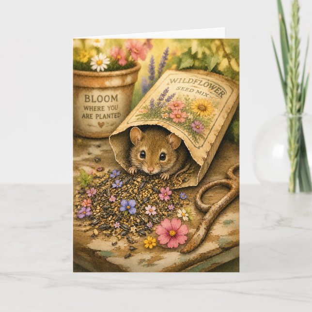 Peekaboo Mouse Seed Packet Watercolor Blank  Card (Front)