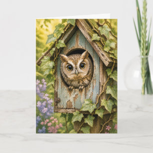 Peekaboo Owl Birdhouse Watercolor Blank Greeting Card