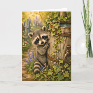 Peekaboo Raccoon Rain Barrel Watercolor Blank Card