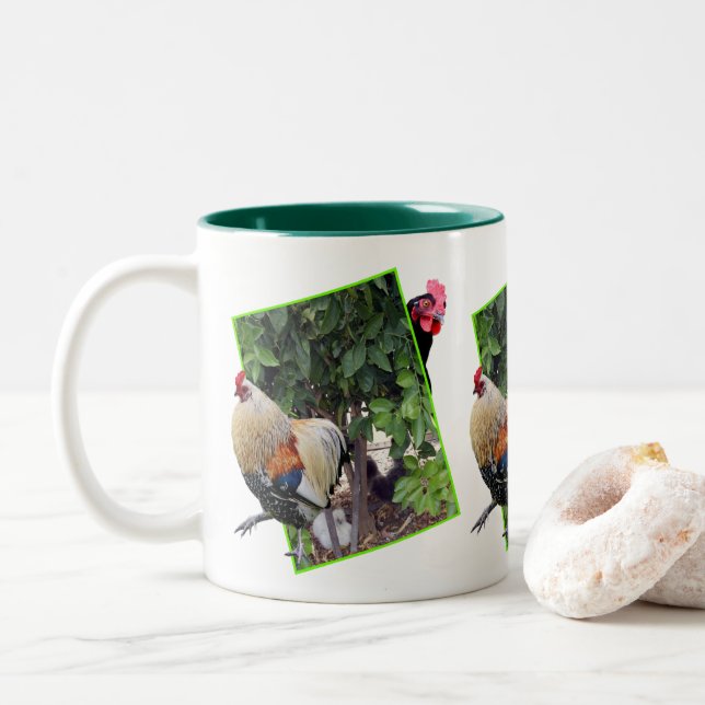Peekaboo Rooster And Chicken, Two-Tone Coffee Mug (With Donut)
