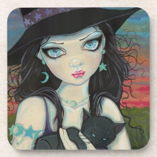 Peekaboo Witch and Cat Halloween Fantasy Art Coaster